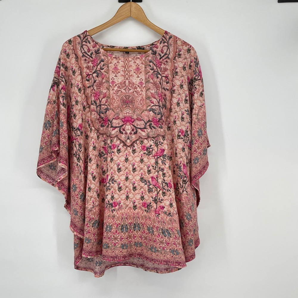 Tolani Collection Petite Printed Woven Caftan Tunic Pink Floral Bird PM Boho